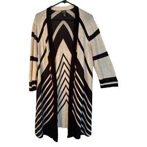 Chicos Sweater Womens Size L Travelers Long Sleeve Duster Open Black White Strip